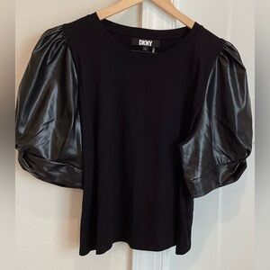 DKNY Faux-Leather Puff-Sleeve Blouse XL Black Like-New